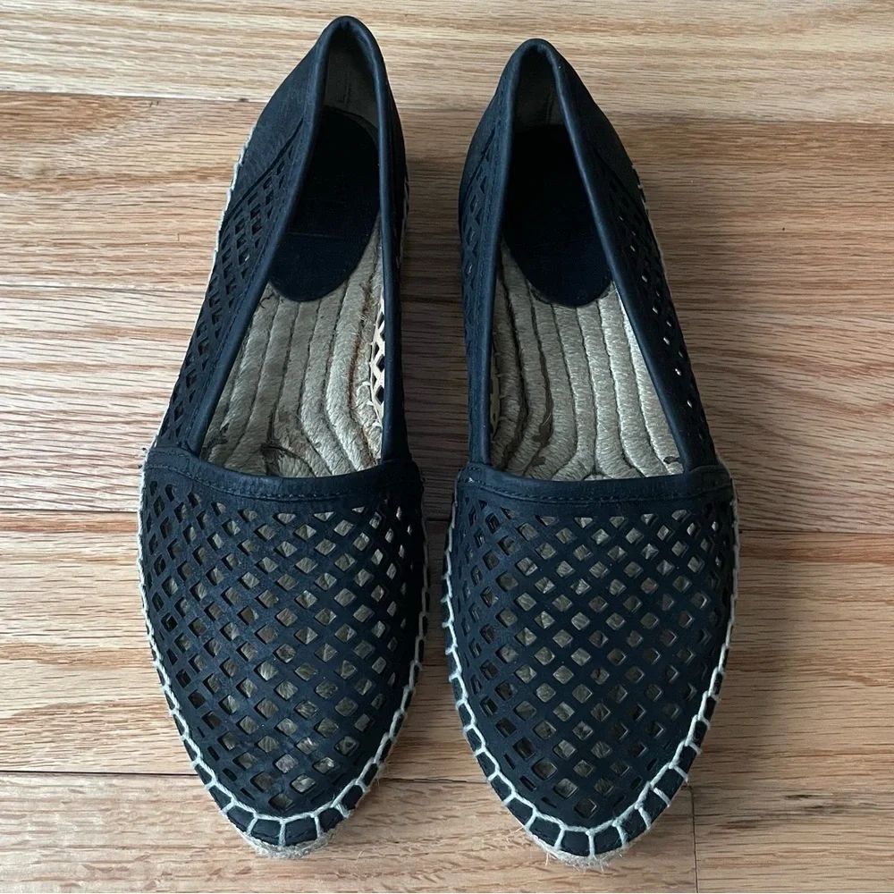 Frye Lee A Line Black Nubuck Leather Perforated Slip On Espadrille Flats Sz 6.5